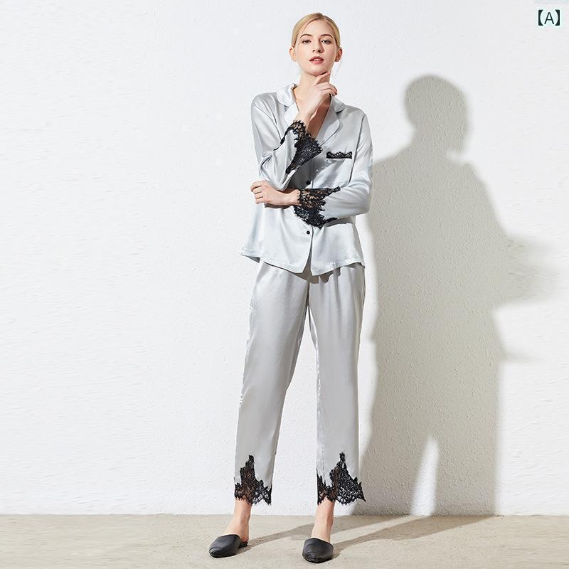 レディース　シャツ　レース 19 マミー シルクパジャマ レディース 長袖 ツーピース 春秋 レース マルベリー シルク ホームウェア スーツ グレー