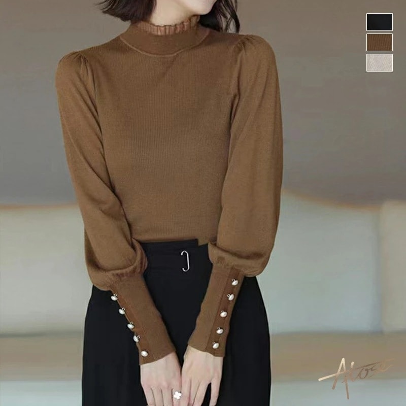 【2点購入で150OFF】【短納期】トップス レディース ボリューム袖 ボリューム レイヤード 長袖 細見え カフス ボタン 無地 高級感 プルオーバー 立ち襟 パール付き 重ね着 着痩せ効果 タート