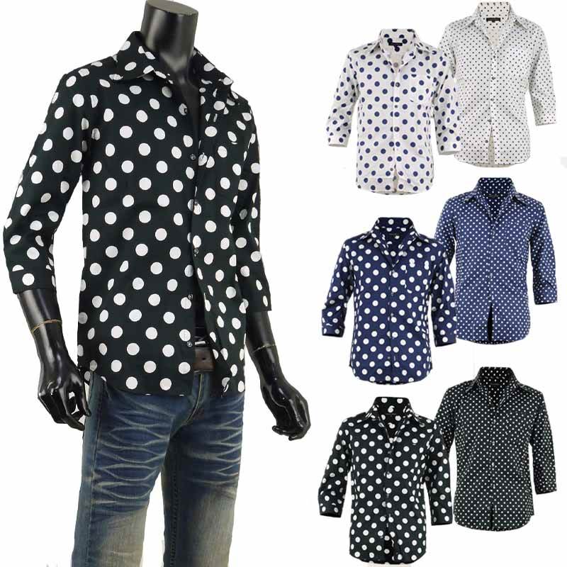 ドットシャツ メンズ 水玉 七分袖 ドレスシャツ お洒落 ７分 日本製 ボタンダウン デザイン G050623-02