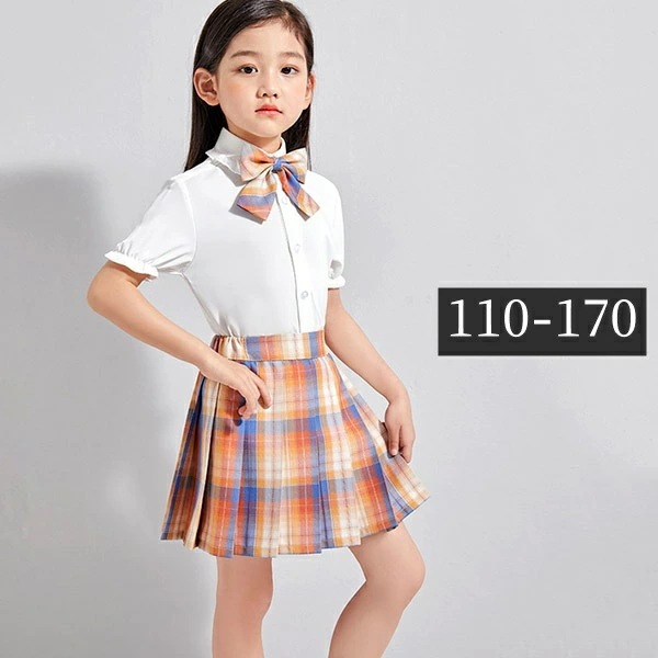 キッズスーツ 女の子 キッズフォーマル 卒業式スーツ チェック柄 プリーツスカート スカパン 半袖 白シャツ オレンジ 小学生 小学校 お受験 発表会 3点セット オシャレ 入園式 卒園式 通学 子ど