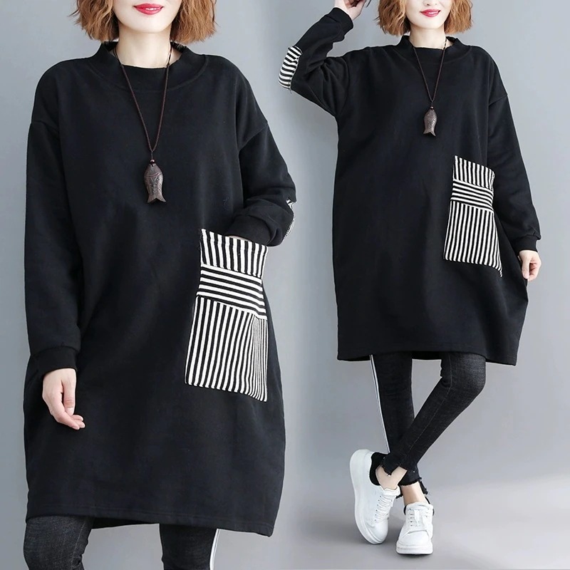 ロンT冬服の新型洋気ワンピースの大きいサイズ裹起毛スウエットワンピース上着ファットマミーガーディアン