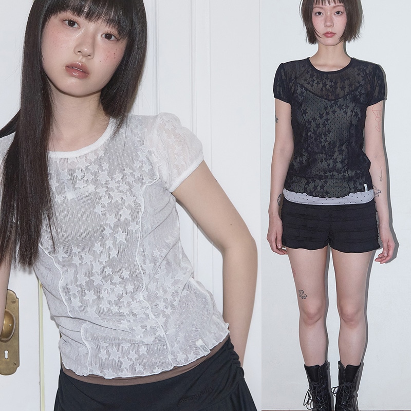 ウェーブパフレースTシャツ/ Wave Puff Lace T-Shirt (White) F25QB127 / (Black) F25QB127