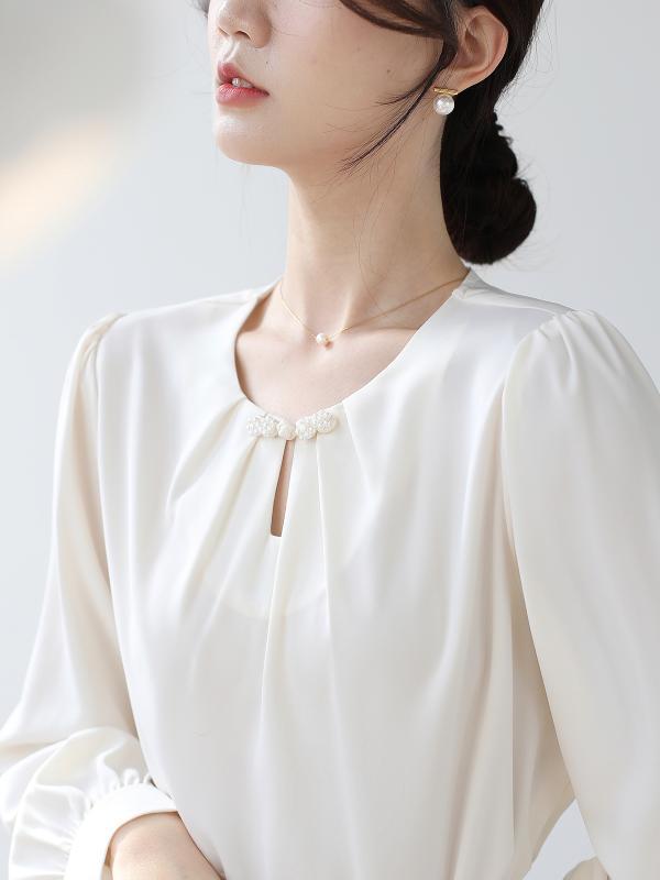 シャツ トップス シャツ ブラウス レディース きれいめ かわいい 爽やか パール プレート ボタン レトロ ラウンドネック
