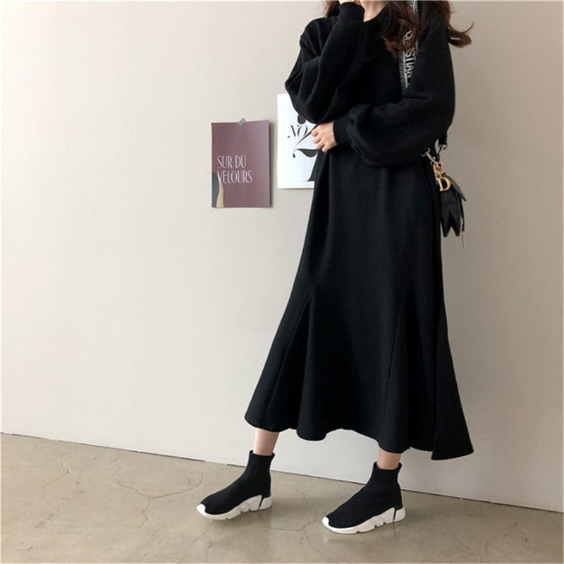 長袖 マーメードスタイルワンピ レディース ワンピース 膝下 長袖 ボリューム袖 ラウンドネック 襟なし フレア マーメイド ヴィンテージ 綿 コットン きれいめ シンプル 上品 おしゃれ かっこいい