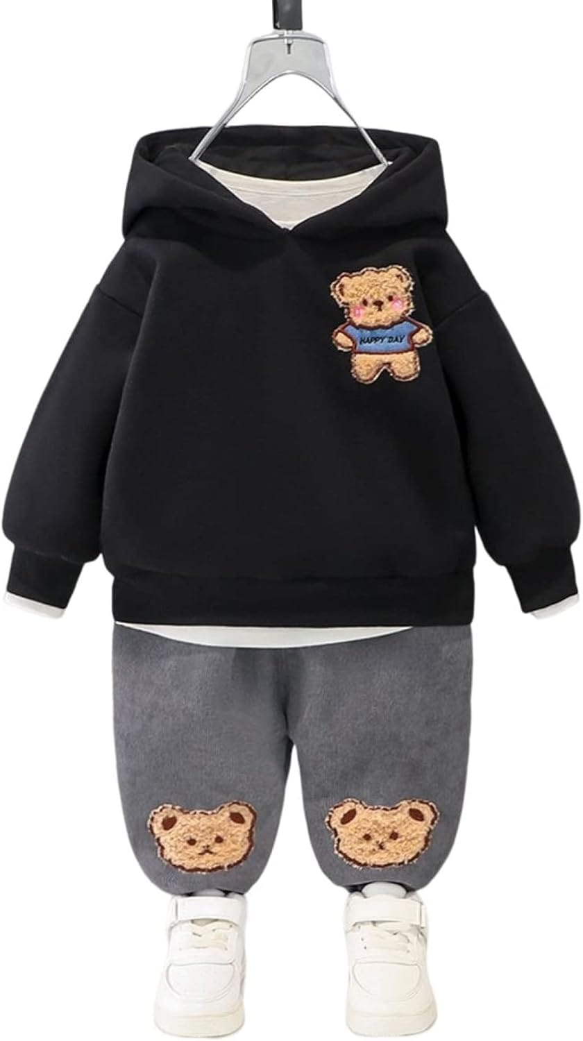 秋冬服 裏起毛 厚手 男の子 2点セット 熊柄 くま 可愛い パーカー+ロングパンツ フード付き かっこいい 子供服 上下セット 100cm キッズ ボーイズ 柔らかい 肌触り良い 保温 防寒 快適