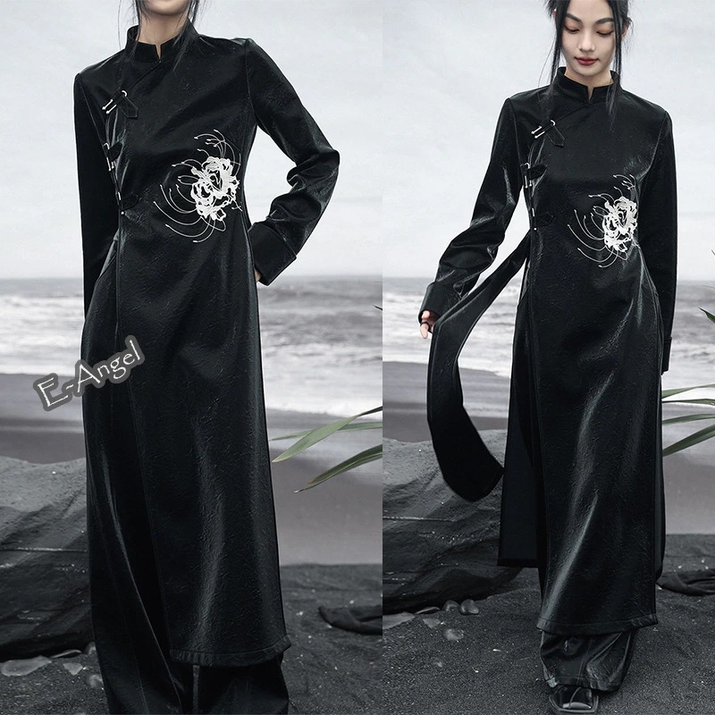 【快速出荷】チャイナ風ワンピース ロング スリット 長袖 彼岸花刺繍 スタンドカラー 黒 革 アウター 上着 かっこいい 個性的 デザイン 暗黒