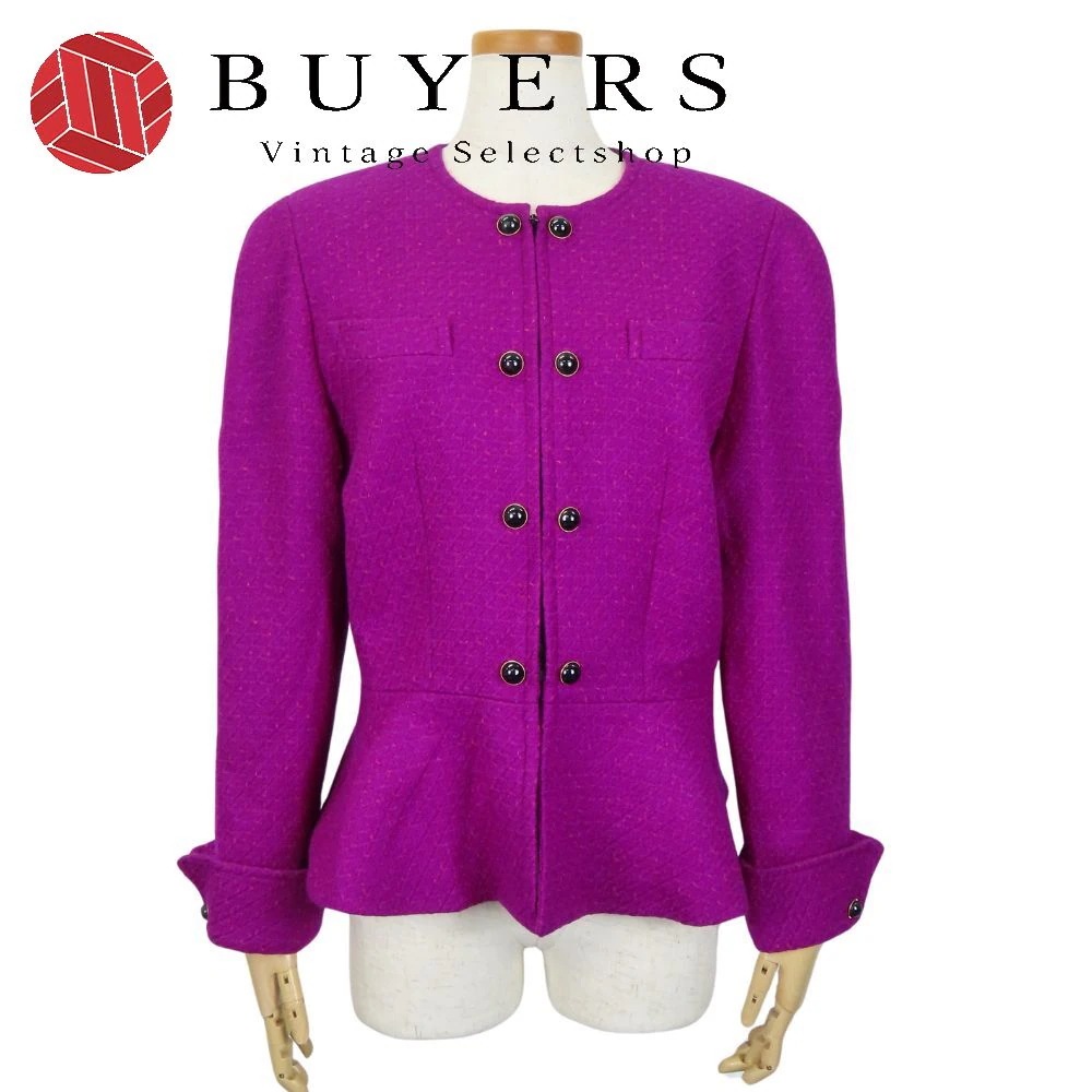 中古 ノーカラージャケット 9 A3 ウール キュプラ パープル ゴールド金具 ツイード アパレル レディース 女性