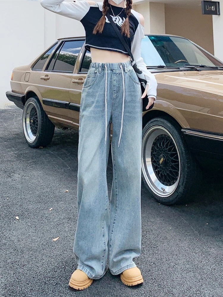 ウエストゴムワイドレッグジーンズ女性春新しいルーズハイウlエスト細いストレートドラッグパンツ春春冬春と春