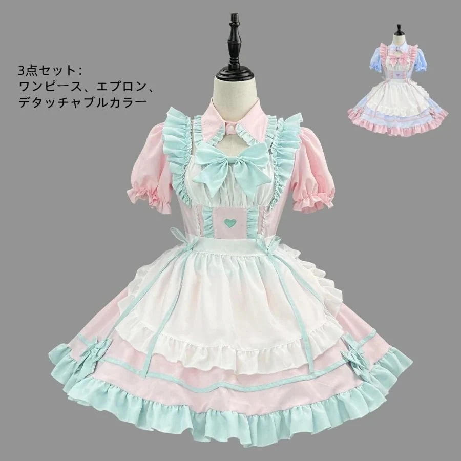 メイド服 コスプレ 半袖ドレス ワンピース エプロン パニエ追加可 ソフトガール 喫茶店 Lolita ロリータ カラー(えり 女性 大人 コスム フリル ハロウィ