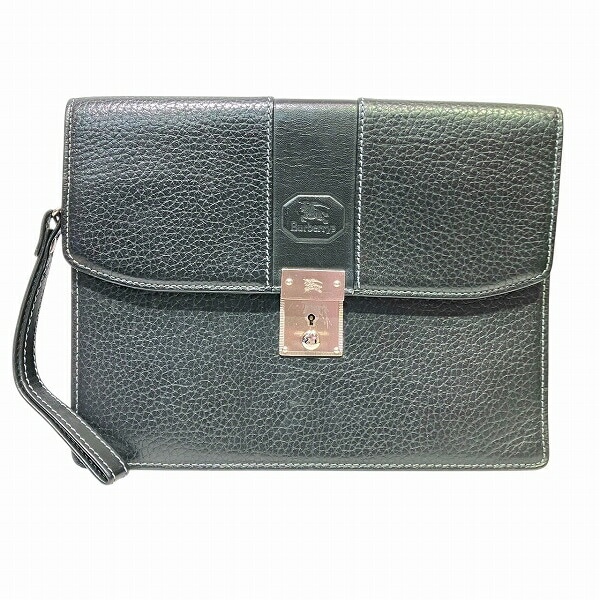 バーバリー ブラック レザー バッグ クラッチバッグ セカンドバッグ メンズ 【中古】