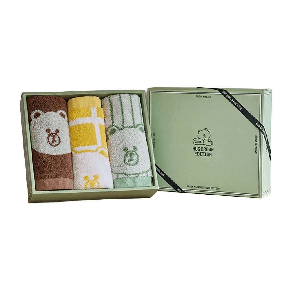 ラインフレンズ 松月 ブラウン ベーシック ハンドタオル 3P セット (ブラウングリーンイエロー)