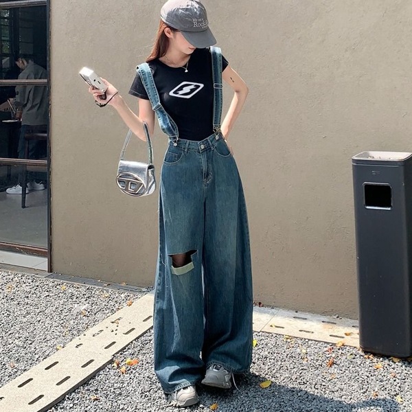 韓国ファッション ダメージ ビンテージ ワイド デニム オーバーロール サスペンダー
