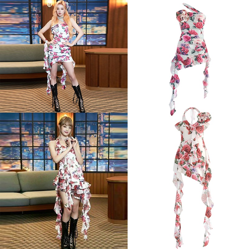 ギドルソングユウキミンネコンサートチューブトップ花柄サスペンダードレスフリルリボン付き
