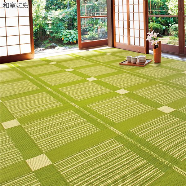 日本製 い草風 リビング 折りたたみ収納可 日本製 洗える ブロックグリーン 正方形 352352cm 五八間8畳 ラグマット/絨毯 ラグマット