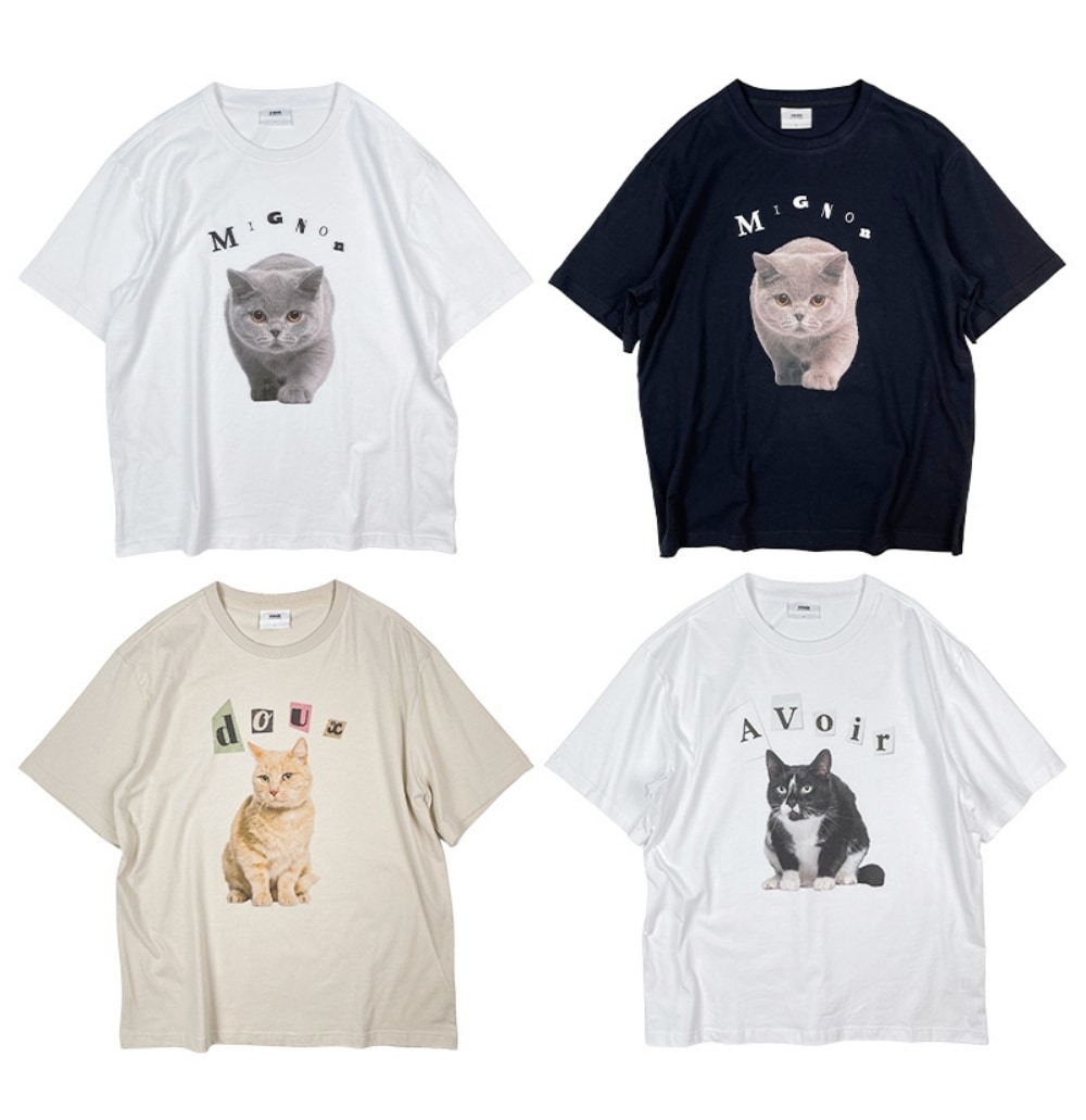 A MADE/French Cat Vintage Over-fit T-shirts/ユニセックス/半袖Tシャツ/猫プリンティング