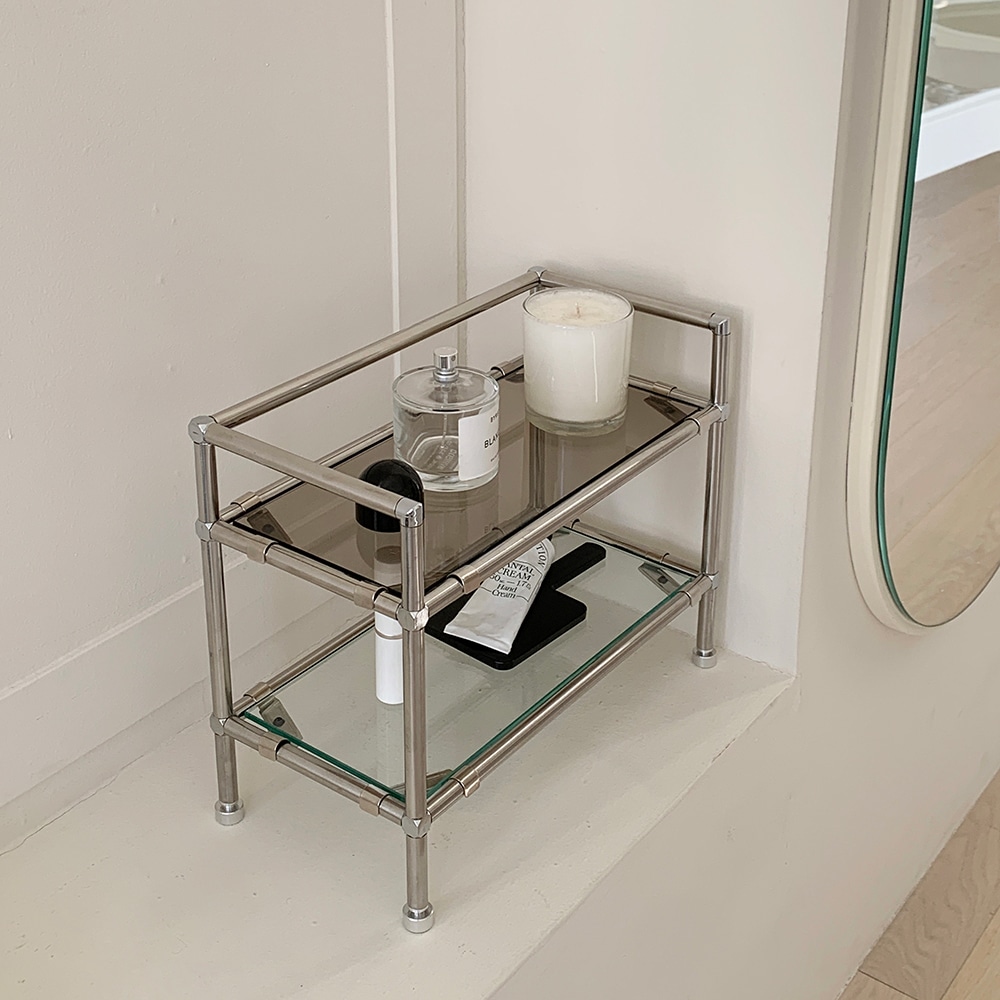 ステンレスモジュール 2段 香水整理台 type2 韓国インテリア ガラスカラー選択可能 透明 ブロンズ 水平調節脚付き コスメ 収納 棚 オープン ラック 34x16x27cm