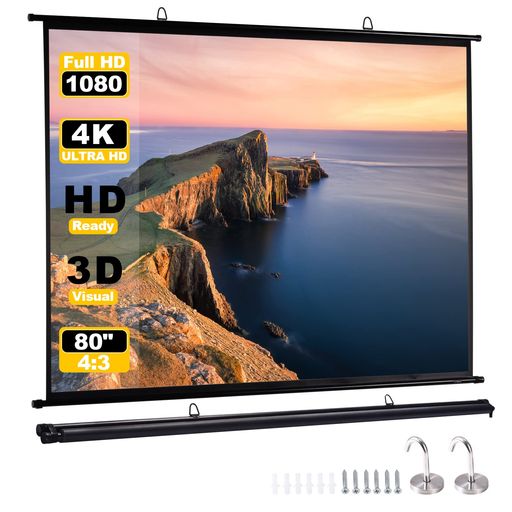 プロジェクター スクリーン 吊り下げスクリーン プロジェクター用80インチ 4:3 ファイバーグラス持ち運びや収納に便利なコンパクトサイズでホームシネマビジネスプレゼンテーション屋内外のエ