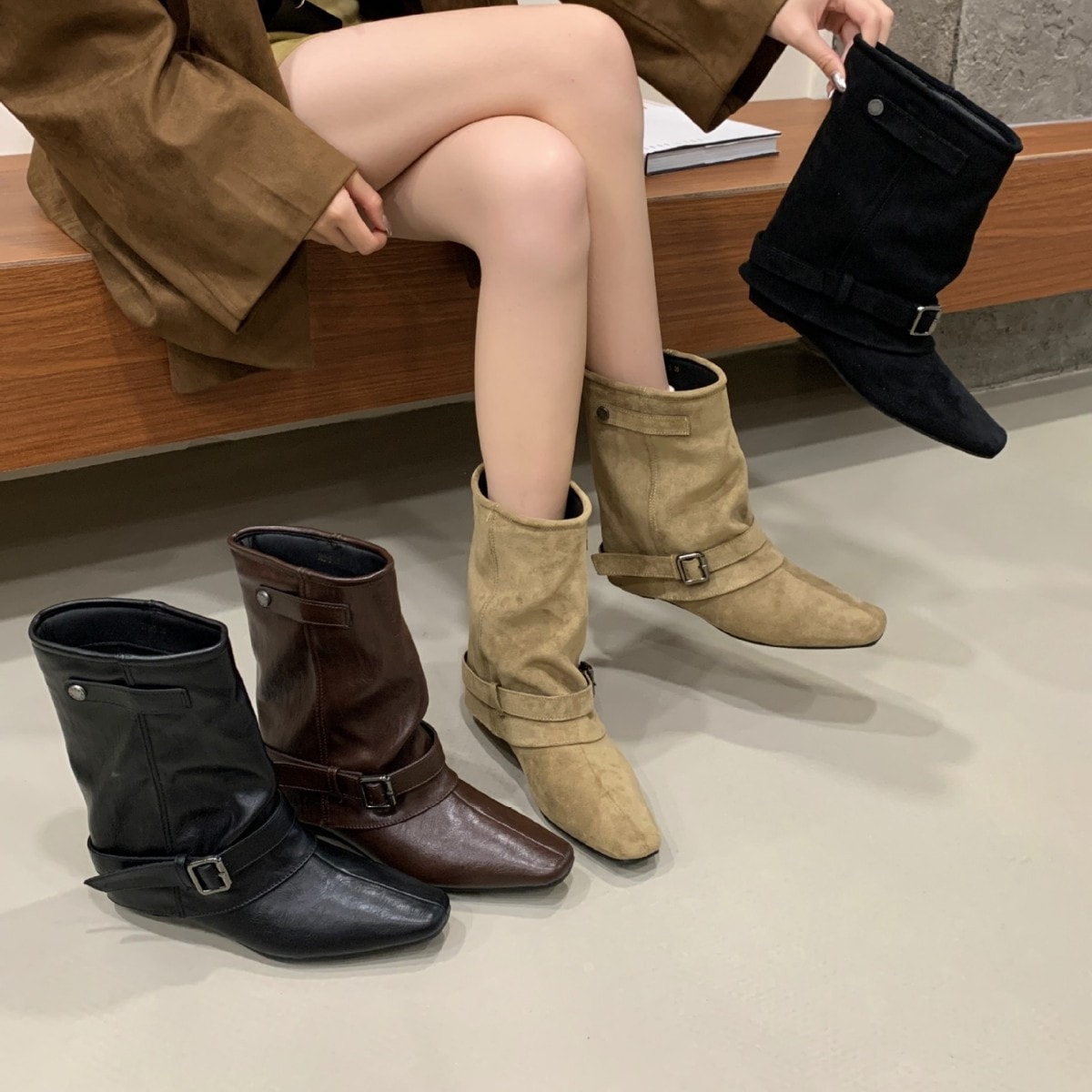 レトロスエードカーキショートブーツレディースブーツデザインウエスタンパイルブーツライダーブーツ