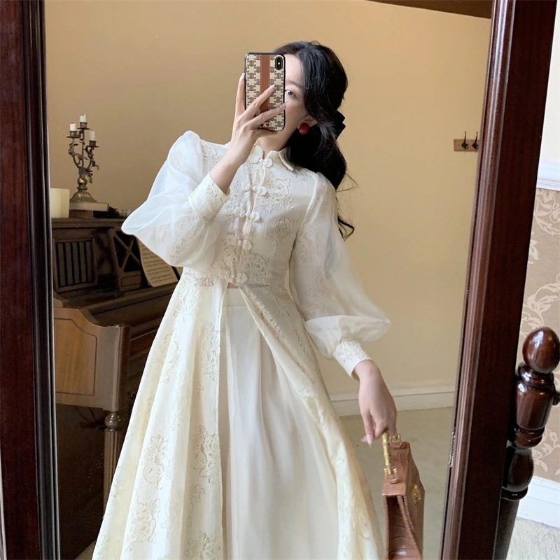 チャイナ風ワンピース レイヤードワンピース レース 2点セット ロングワンピース 春 結婚式