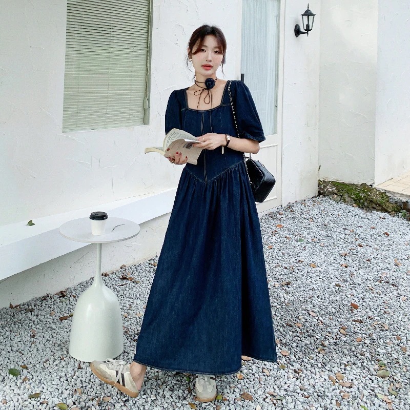 実際のフランスのレトロなバブルスリーブデニムドレス女性夏の新しい超良い気質スクエアネックAラインロングスカート