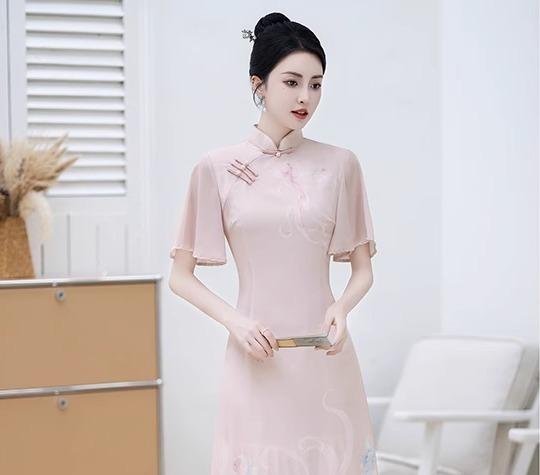 アオザイ チャイナドレス レディース レトロ 茶 アート ロング丈 オブリーク スリットなし 婦人 ピンク