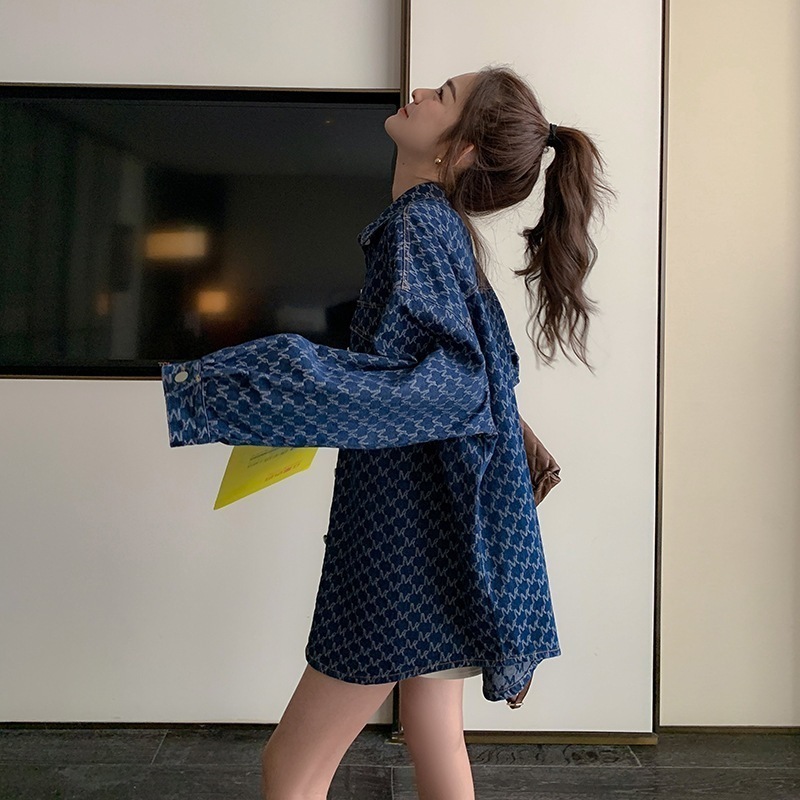 チェック柄シャツブラウスレディース春服デニムアウター韓国ファッション長袖トップスカジュアル流行りカーディガン