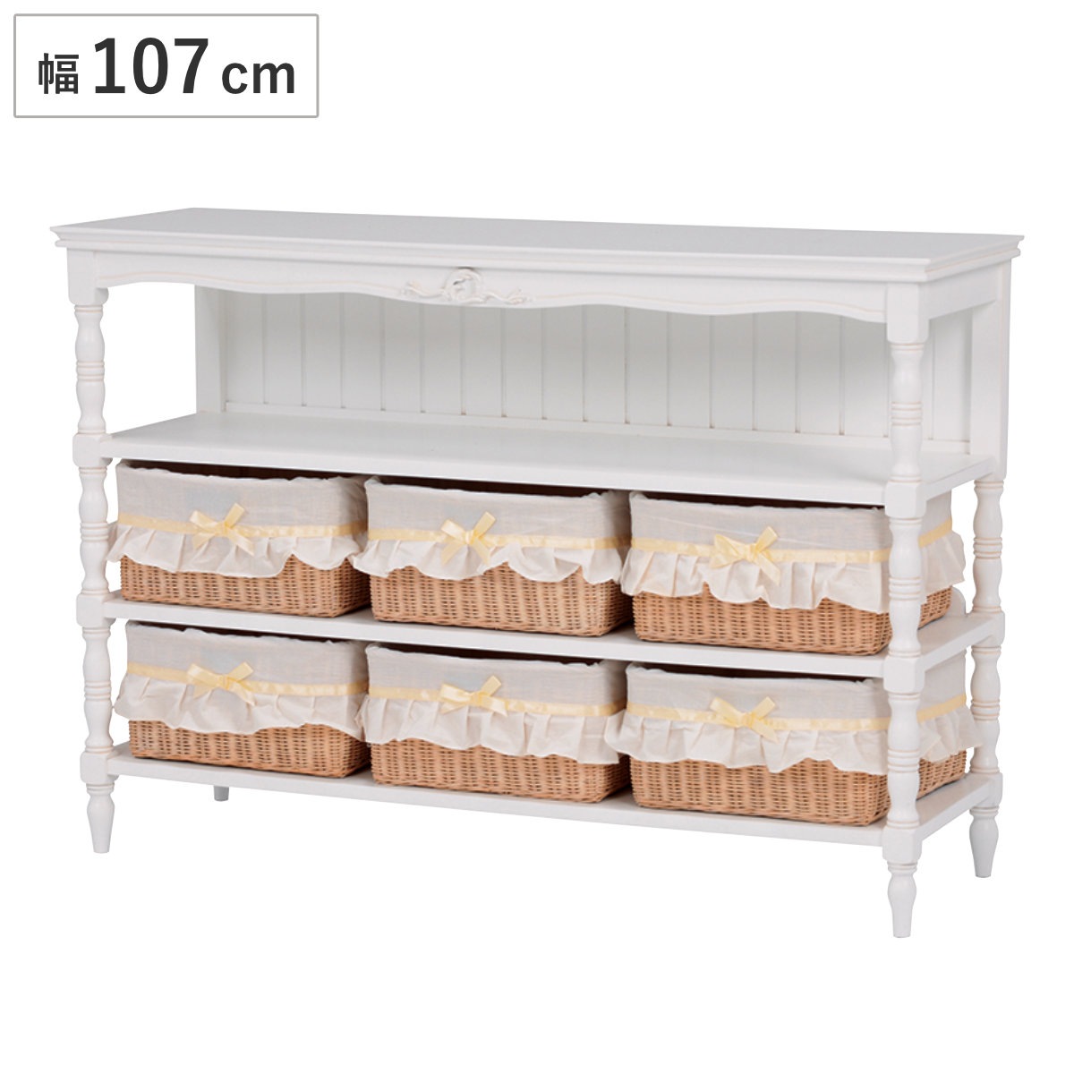 オープンキャビネット 幅107cm 3段 姫系 カゴ付 完成品 HAMPTON 白家具 ろくろ脚 クラシック アンティーク調 天然木 衣類収納 ランドリー リビング 寝室 収納 棚 カゴ 26,520円