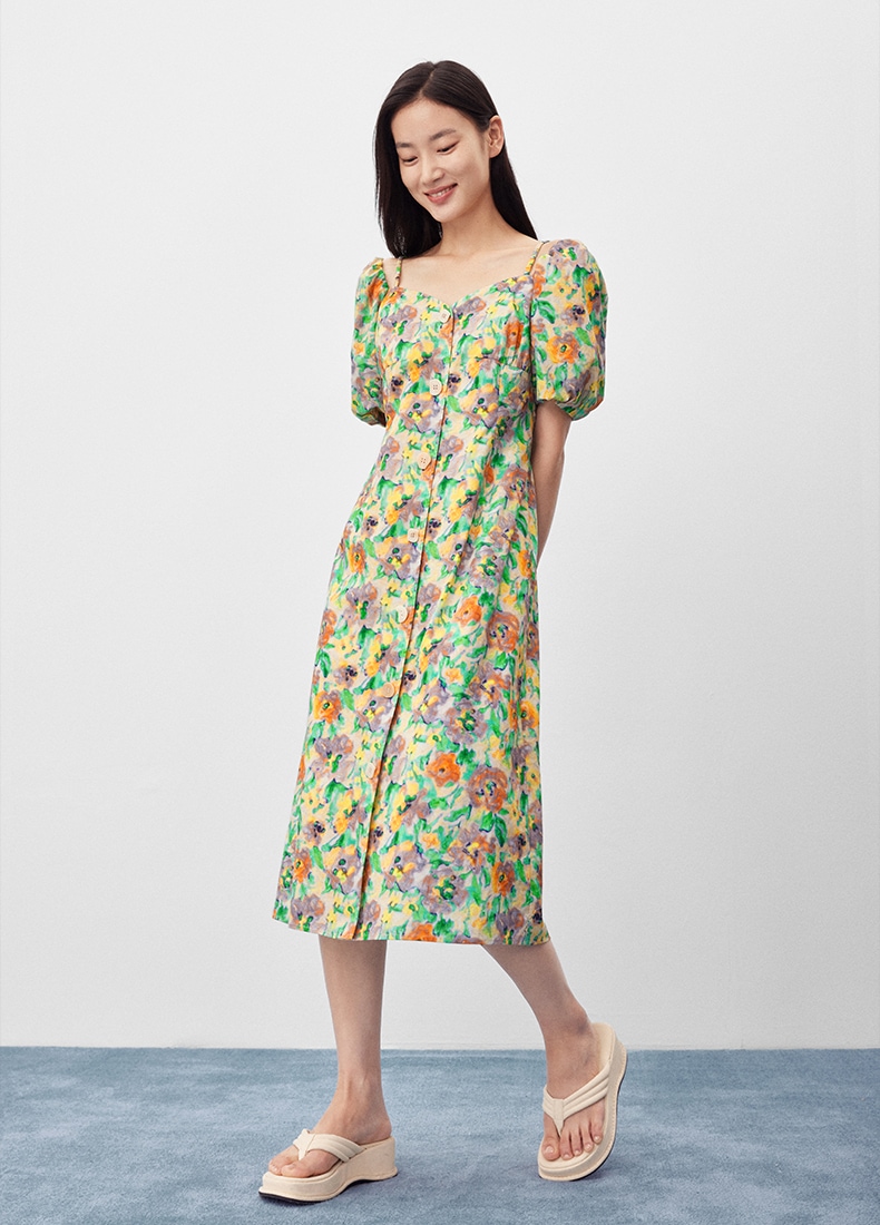 レディース パフスリーブ カジュアル 甘い 花 ドレス 女性 夏 綿 スカート デザイン センス ニッチ S M L ワンピース 膝丈 ひざ丈 袖あり かわいい 大人可愛い きれいめ シンプル