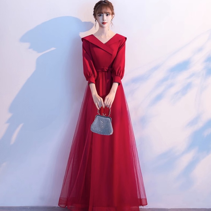 ドレス ウェディングドレス パーティードレス カラードレス ロングドレス 舞台ドレス Aラインドレス ロング丈 袖あり 7分袖 カシュクール 襟なし プリンセス シフォン リボン ウエストリボン