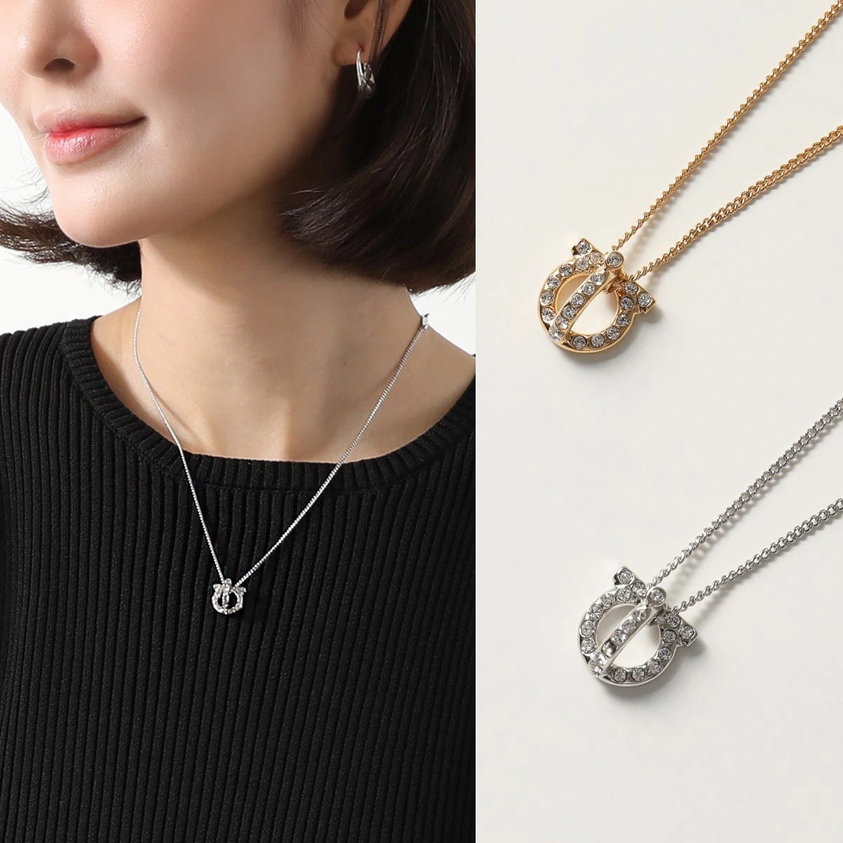 FERRAGAMO フェラガモ ネックレス 76 0399 レディース ガンチーニ ペンダント アクセサリー クリスタル装飾 カラー2色
