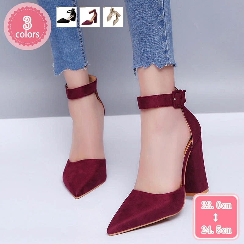 500円OFFクーポン 走れるパンプス アンクルストラップ チャンキーヒール ポインテッドトゥ 太ヒール ストラップ セパレート スエード 歩きやすい 履きやすい フォーマル フェミニン ミドルヒール