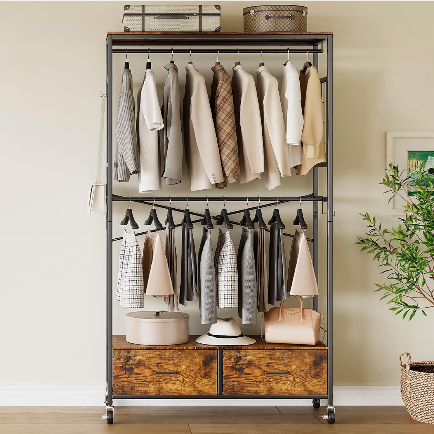 ハンガーラック 頑丈 ２段 洋服ラック ハンガーラック 引き出し付き 大容量 衣装棚 収納ラック大容量 頑丈 洋服収納 パイプハンガー 洋服掛け 衣類 衣装 クローゼット ズボンハンガー