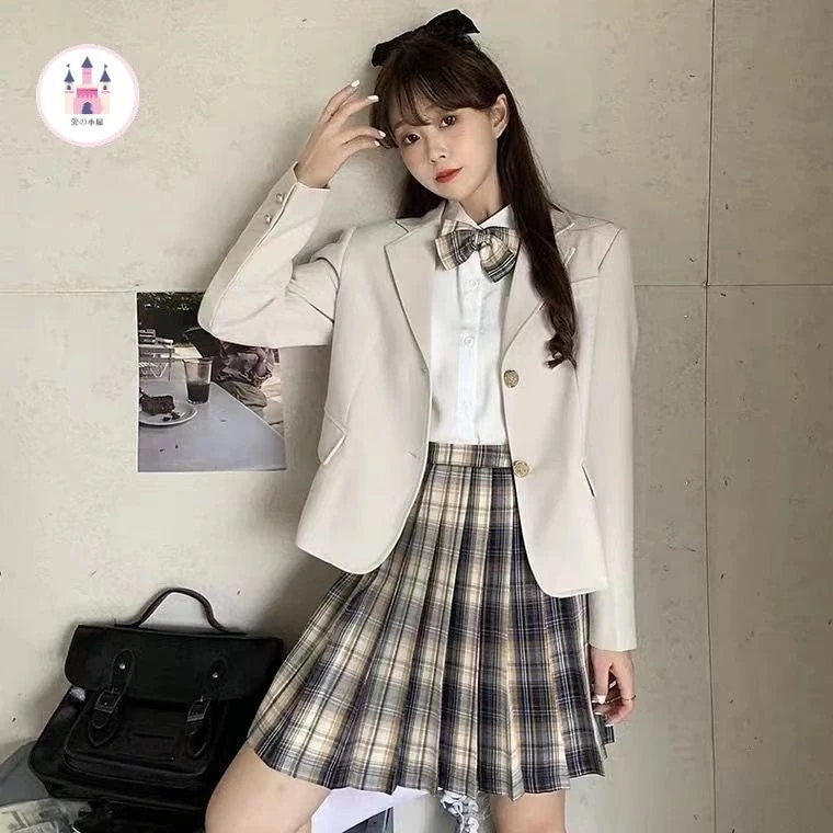 ブレザー+シャツ+チェックプリーツの3点セット秋の女子学生韓国版ゆとり学院風JK制服
