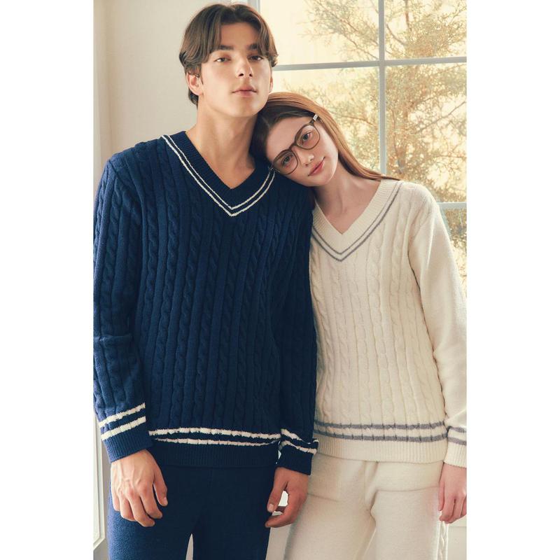 Vネック ケーブル編み ジャカード セーター メンズ レディース 室内着 VEVSG