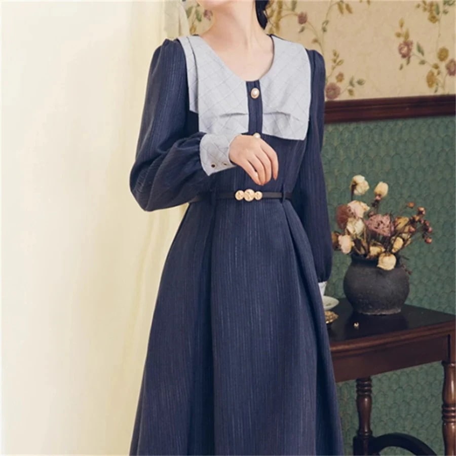 ロングドレス 3色 パーティドレス マキシ ミモレ 長袖 襟付き Aライン フレア ボタン エレガント 可愛い 大人可愛い きれいめ カジュアル シック コンサバ 華やか 大人 上品