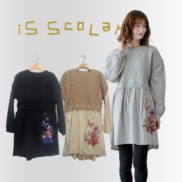 iS ScoLar イズ スカラー ニット布帛刺繍チュニック プルオーバー ニット 女性 レディース かわいい 花柄 エレガント 523037