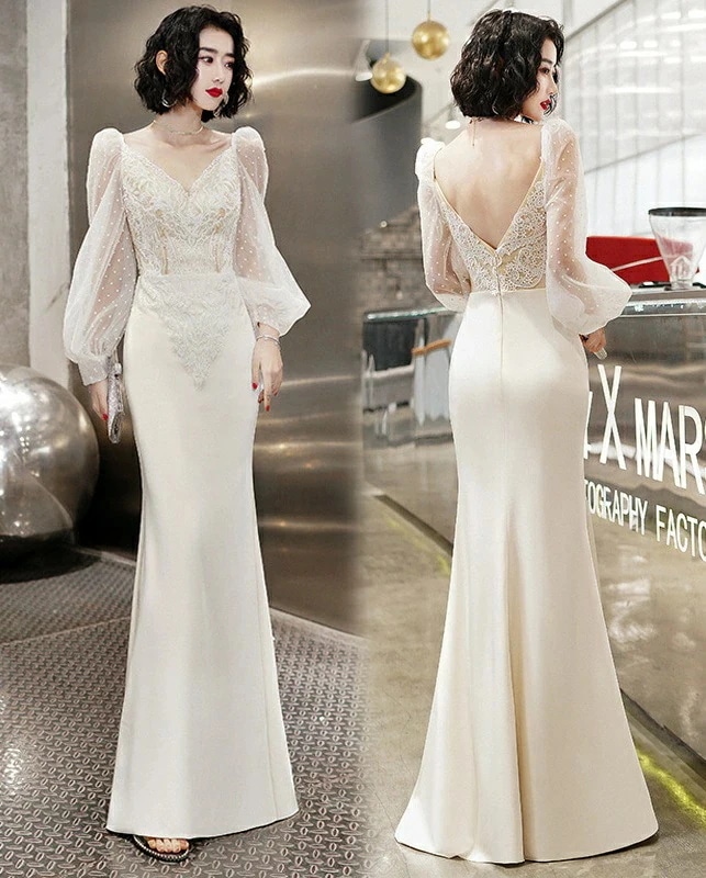 【急速出荷!】ロングドレス 発表会 演奏会ワンピース 20代 30代 40代 ドレス 大人 ピアノ 発表会 深Vネック ベアトップ ランタン袖 ル切替 無地ウェディングドレス ナイトドレス イブニング