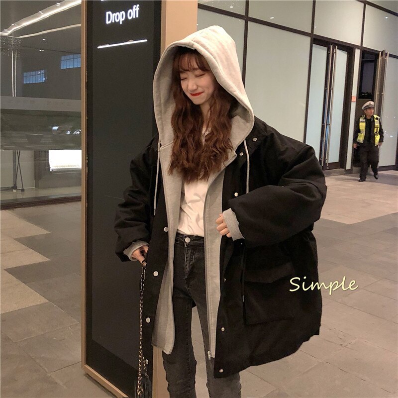 冬アウター秋冬ゆったり フェイクレイヤード フード付き セミロング 厚手 ウォーム 中綿コートおしゃれライダース2022はボアで決まり 人気ボアアウターキルティングアウター