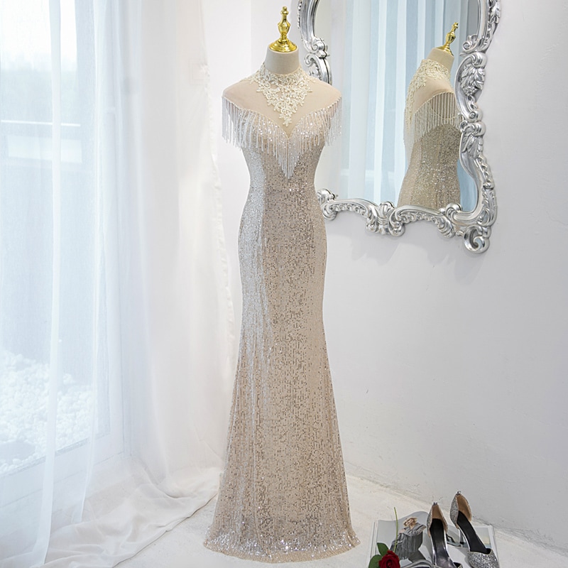 ドレス 衣装 ドレスワンピース イブニングドレス 袖なし タイト ハイネック キラキラ ビジュー 刺繡 スパンコール 胸元 ロング丈 バックシャン ステージドレス 発表会 かわいい 大人可愛い