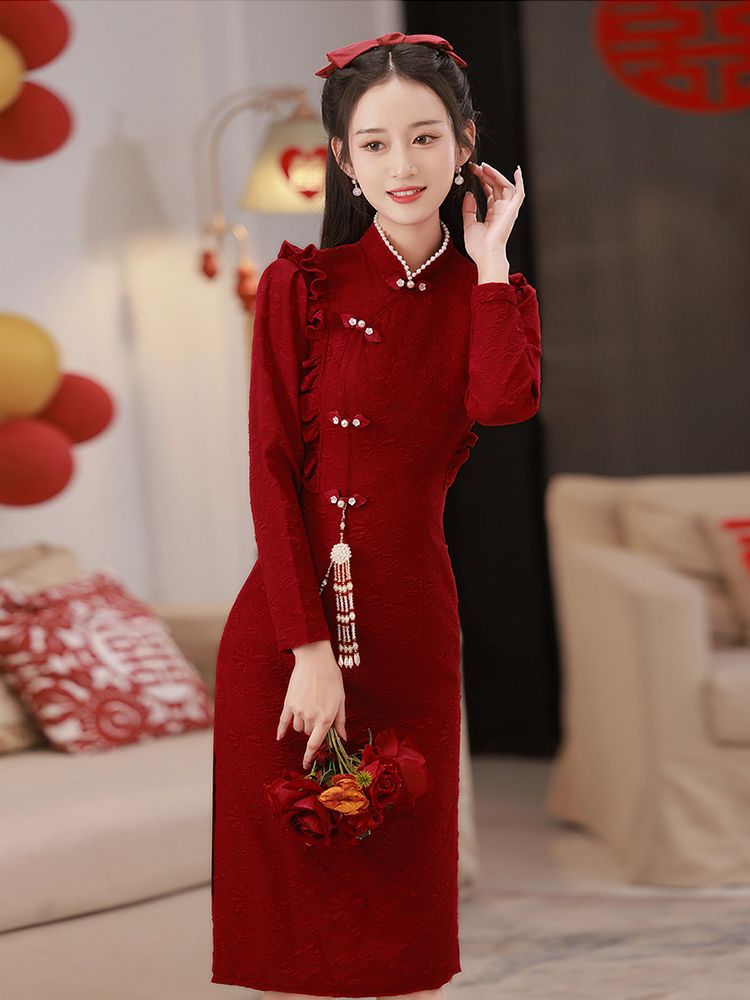 バーガンディチャイナドレス乾杯スーツ花嫁長袖婚約ドレスレディース2025夏ホームカミングスーツ宮殿スタイル