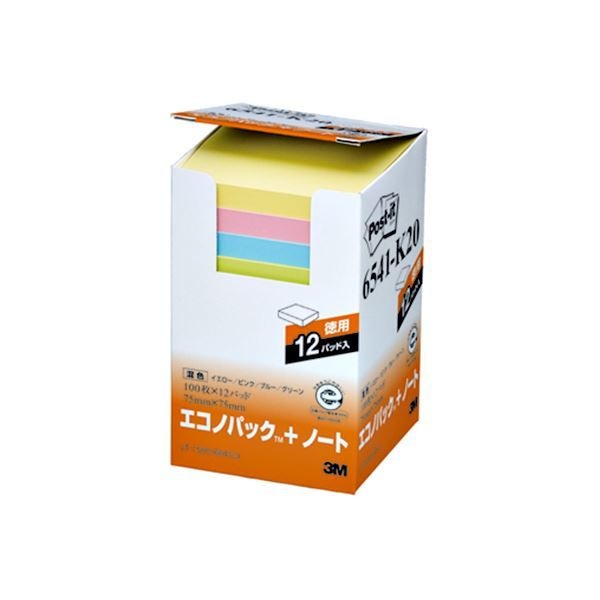 （まとめ） 3M ポストイット エコノパック ノート 再生紙 7575mm 4色 6541-K20 1パック（12冊） 2セット