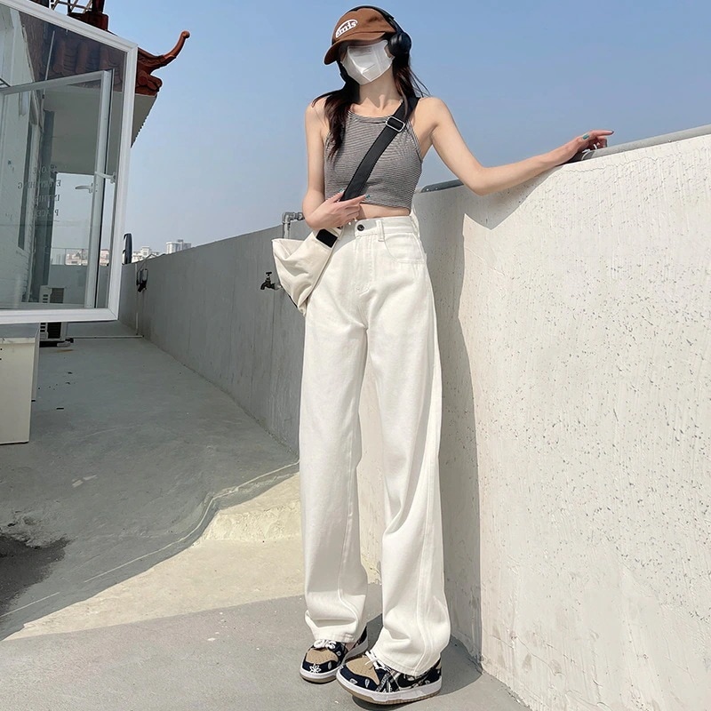 ホワイト ワイドパンツ デニムパンツ ジョガーパンツ ストレート ジーンズ ハイウェスト パンツ ワイドパンツ 着痩せ効果