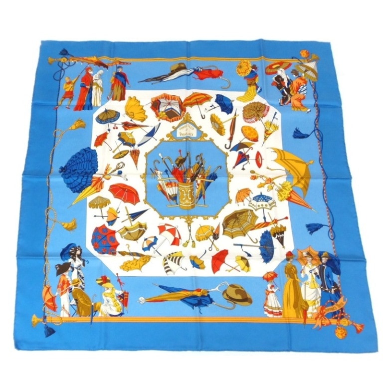 ｴﾙﾒｽ HERMES ｽｶｰﾌ ｶﾚ90 日傘と雨傘 OMBRELLES ET PARAPLUIES ブルー ｼﾙｸ100％ 【中古】(60397)