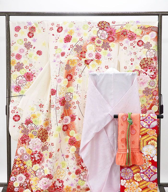 振袖 長襦袢 セット 正絹 5点セット 蝶々 花 身丈169cm 裄丈70cm 袋帯 長襦袢 帯締め 帯揚げ 振袖セット 美品 リサイクル 中古 着物 e4164