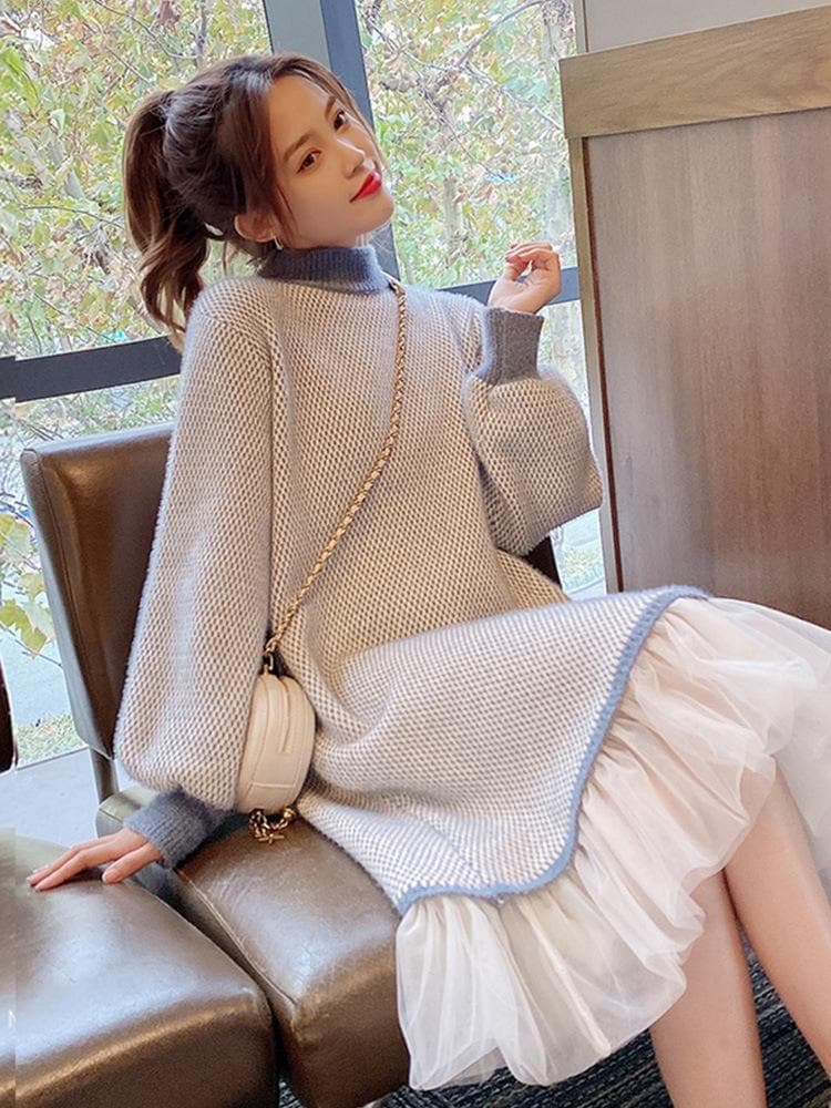 ニットワンピース のワンピース 韓国ファッション 着痩せスリム見え ボトムセータードレス緩いミディアムレングスニットドレスの内側にコートと甘いとの