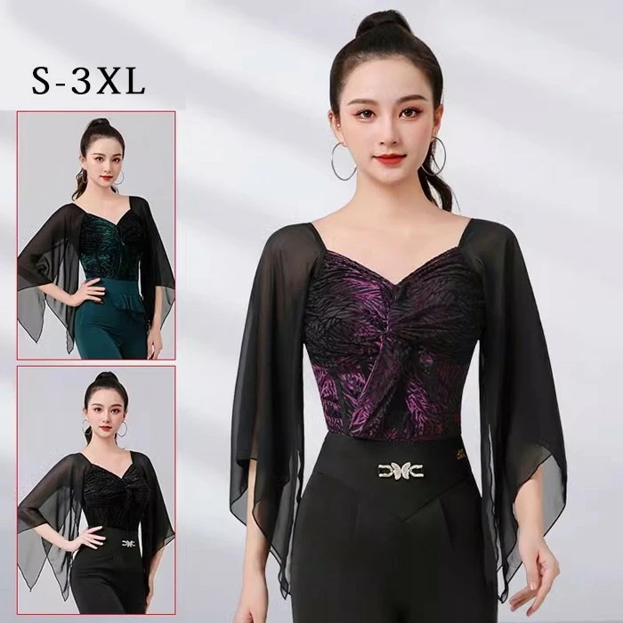 即納 社交ダンス トップス レオタード 股下ホック 長袖 レース 透け感 フリル 胸パッド付き ラテン モダン タンゴ サンバ ダンスウェア レディース 社交ダンス衣装 コンサート 舞台用 ステージ