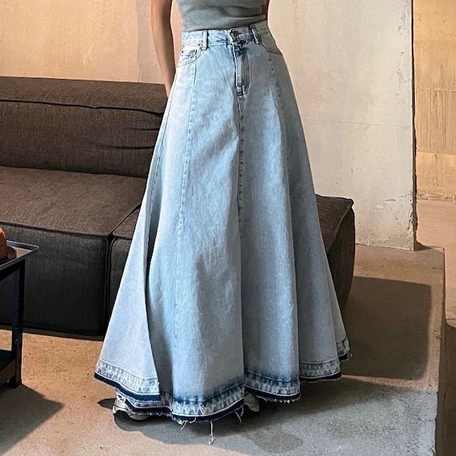 2024 春夏スカート ロング丈 Aライン デニム フレア ハイウエスト 美脚効果 脚長効果 細見え 夏 水色 おしゃれ かわいい 韓国ファッション レディース お出かけ安い 4,996円