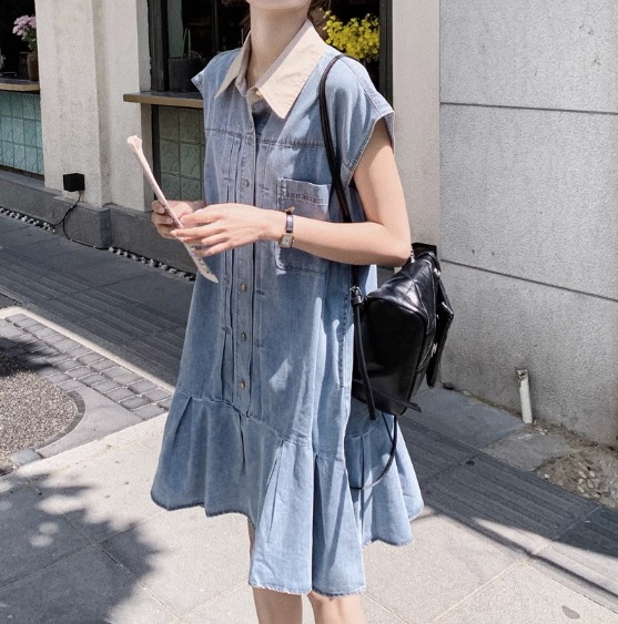 ワンピース レディース プリーツ フレア デニムワンピース 夏服 2色 ひざ丈 ひざ上 マキシ丈 パフスリーブ ポロカラー フレア インスタ映え SNS 映え 写真 映え 流行 トレンド 華奢見え 細