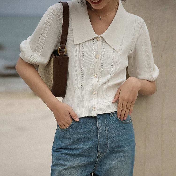 サマーニット ニットソー 5分袖 襟付き 透かし編み 薄手 かわいい 大人可愛い シンプル カジュアル 上品 お洒落 大人女子 こなれ感 ラフ 春 夏 10代 20代 30代 40代 女性用 学生 通 10,535円