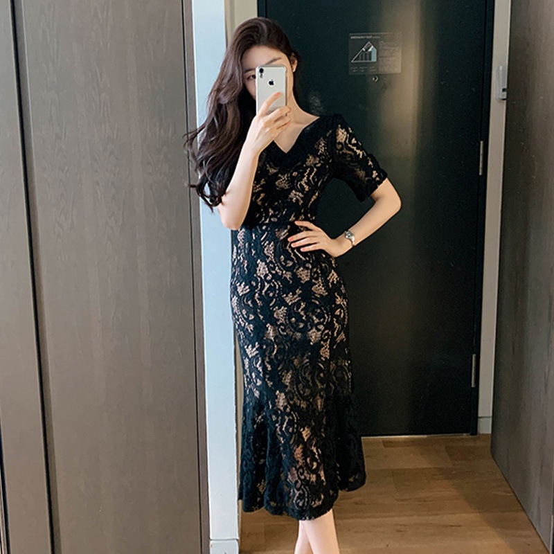 ワンピース レディース ミモレ丈 ミモレ 袖あり 5分袖 五分袖 Vネック 襟なし スリム タイト